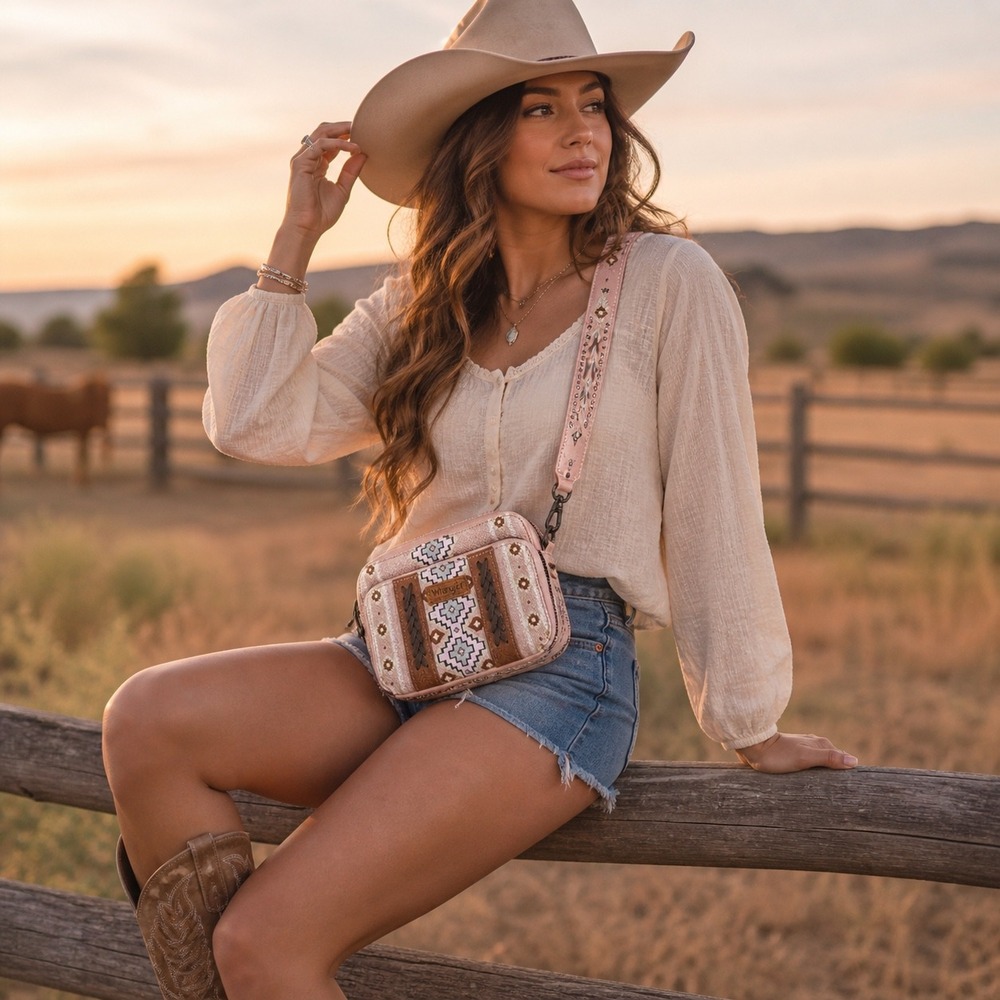 Wrangler Crossbody Bag Women Pink Aztec Canvas PU Leather Western Organizer New